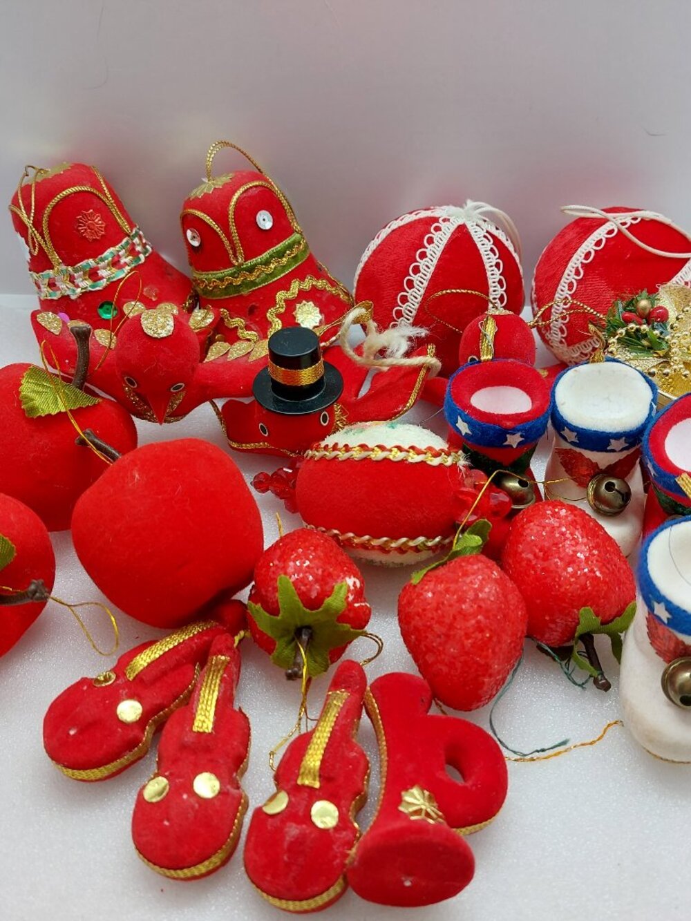 Mixed Lot Of 22 Christmas Ornaments Flocked Velvet Birds, Bell, Boot,Instruments